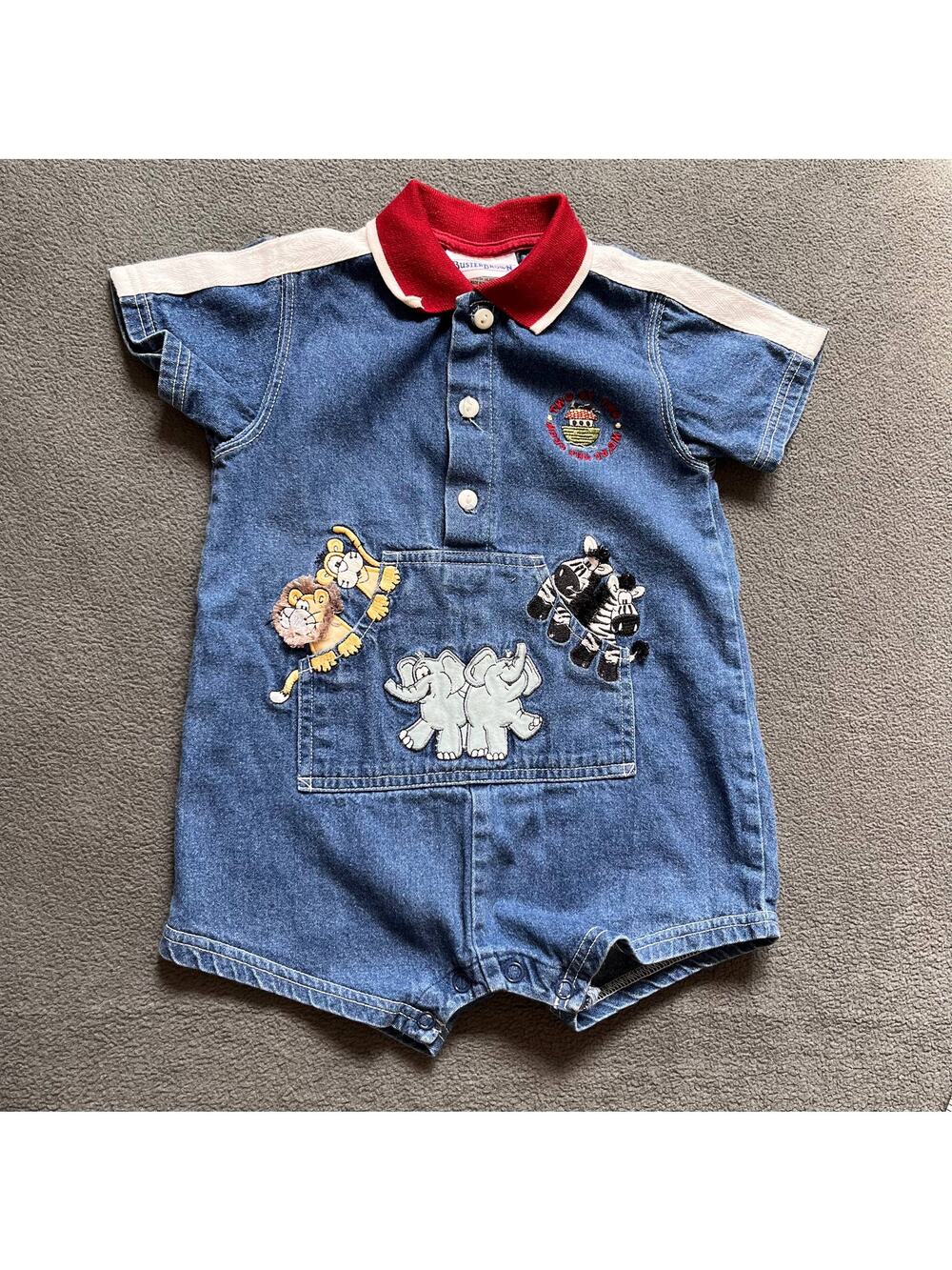 Vintage Buster Brown Noahs Ark Denim Romper 18 Months One Piece Embroidered 90s